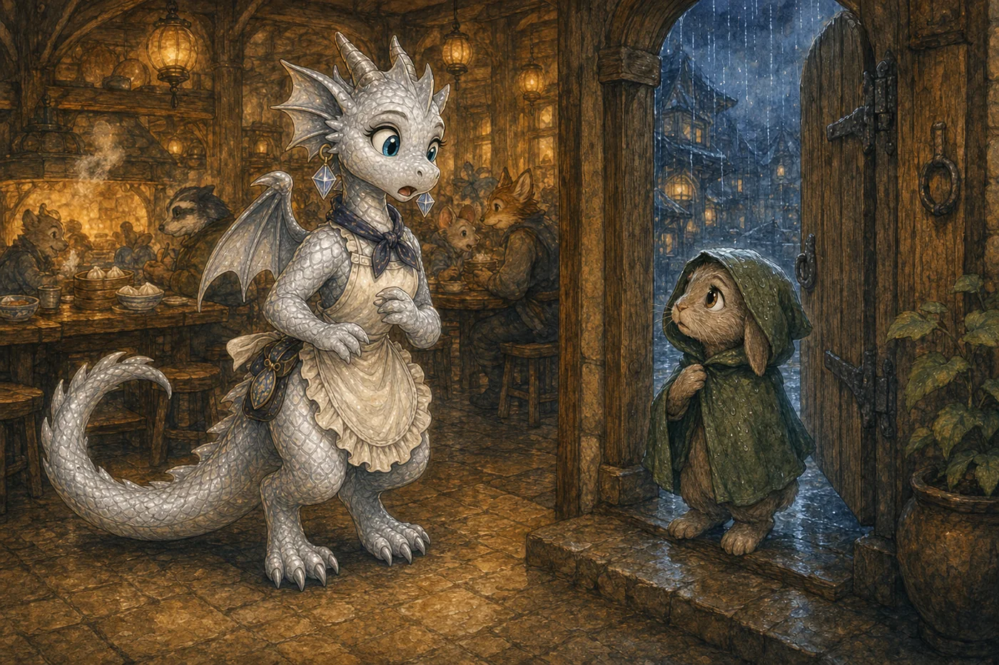 Sparky welcomes a small rain-soaked rabbit at The Golden Dragon.