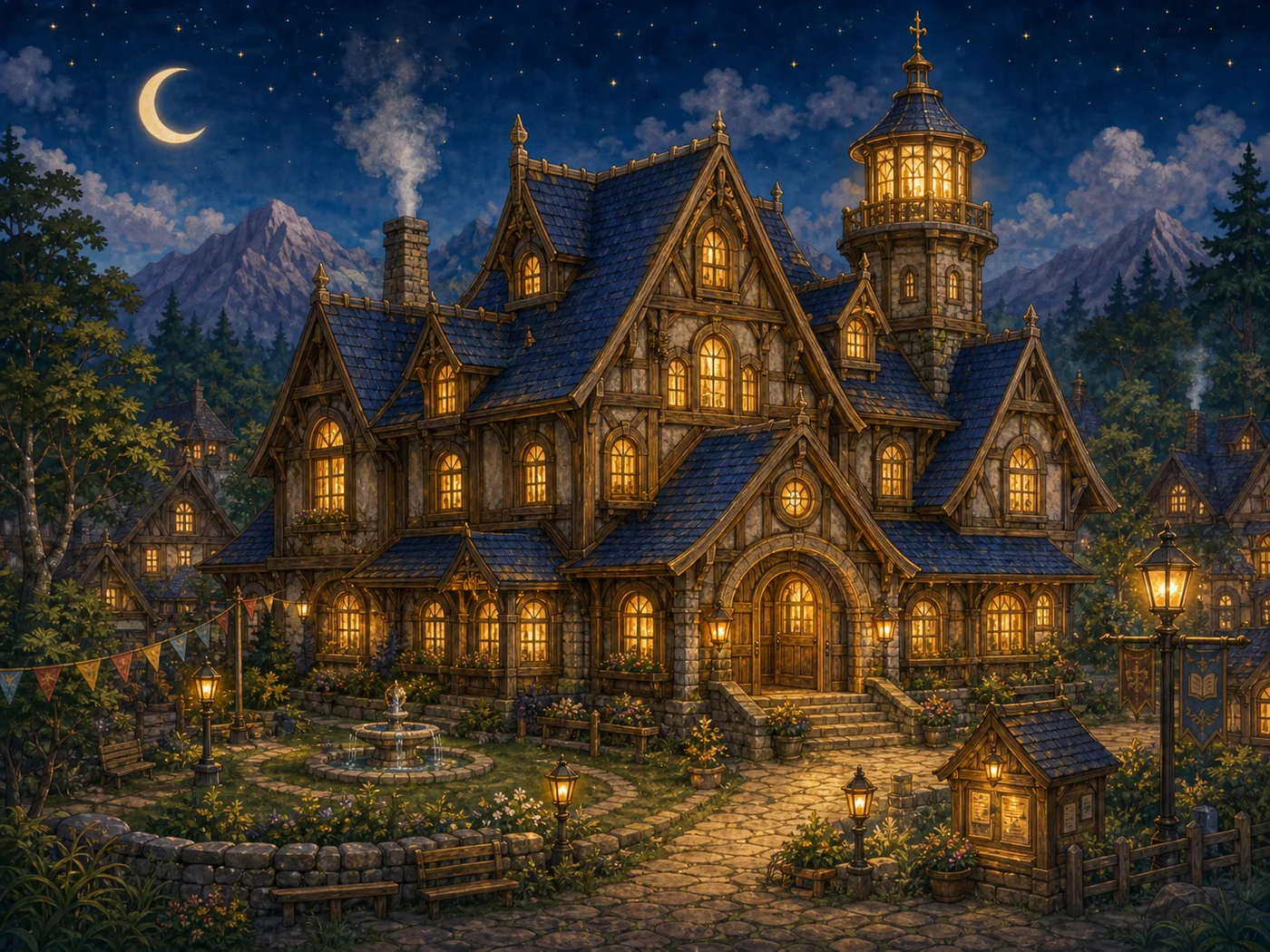 The Great Story House, a warmly lit timber-and-stone story house with deep blue roofs and a beacon tower, stands beside a welcoming village path at dusk.