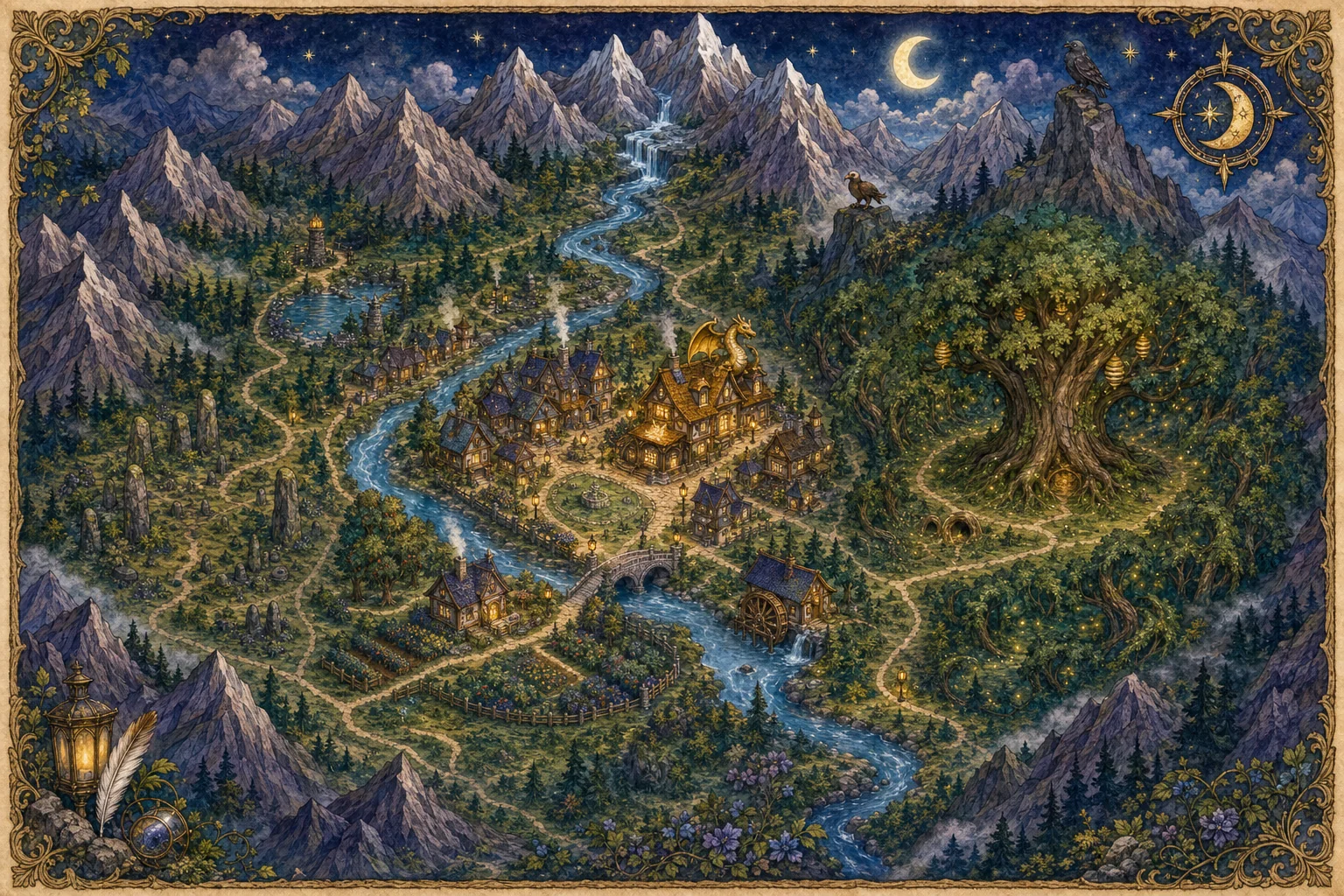 Illustrated map of Moonlit Vale with mountains, forests, a winding river, village paths, and named landmarks.