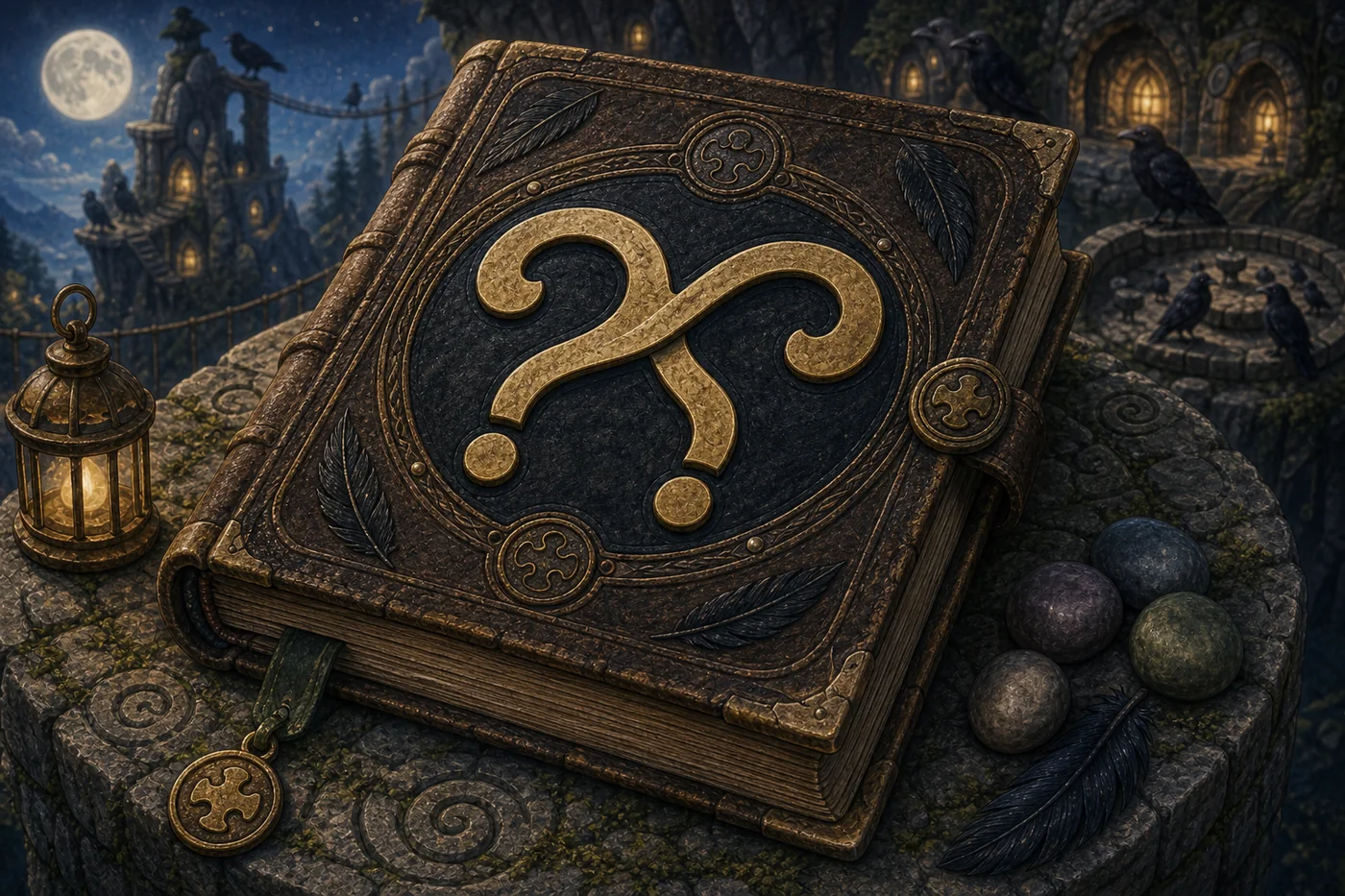 Romeo Raven's blue-violet puzzle book rests open beside a quill and moonlit raven ornament.