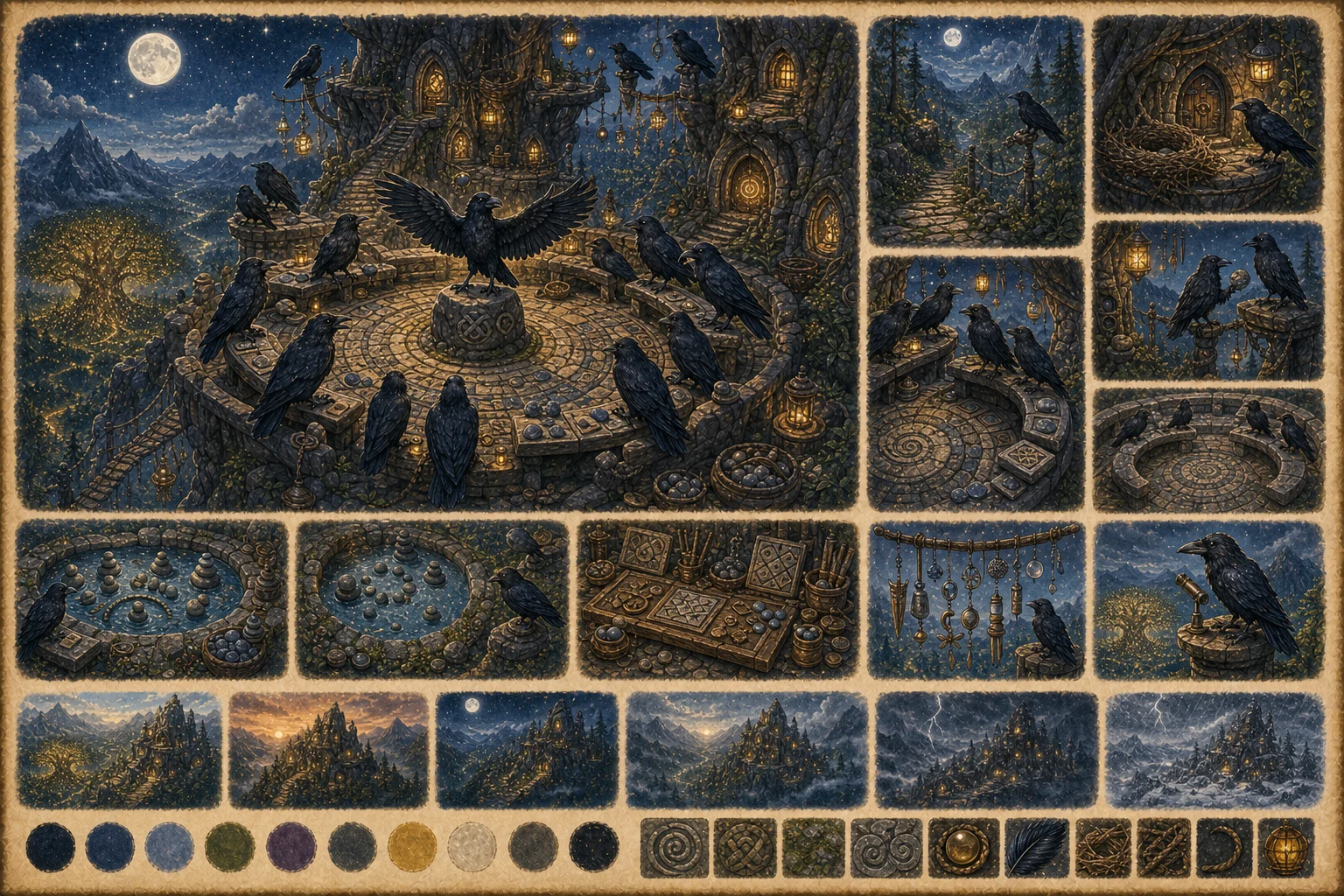 Accepted Puzzle Peak location study showing a moonlit raven mountain, circular meeting roost, cliffside homes, rope bridges, puzzle stones, and detail panels.