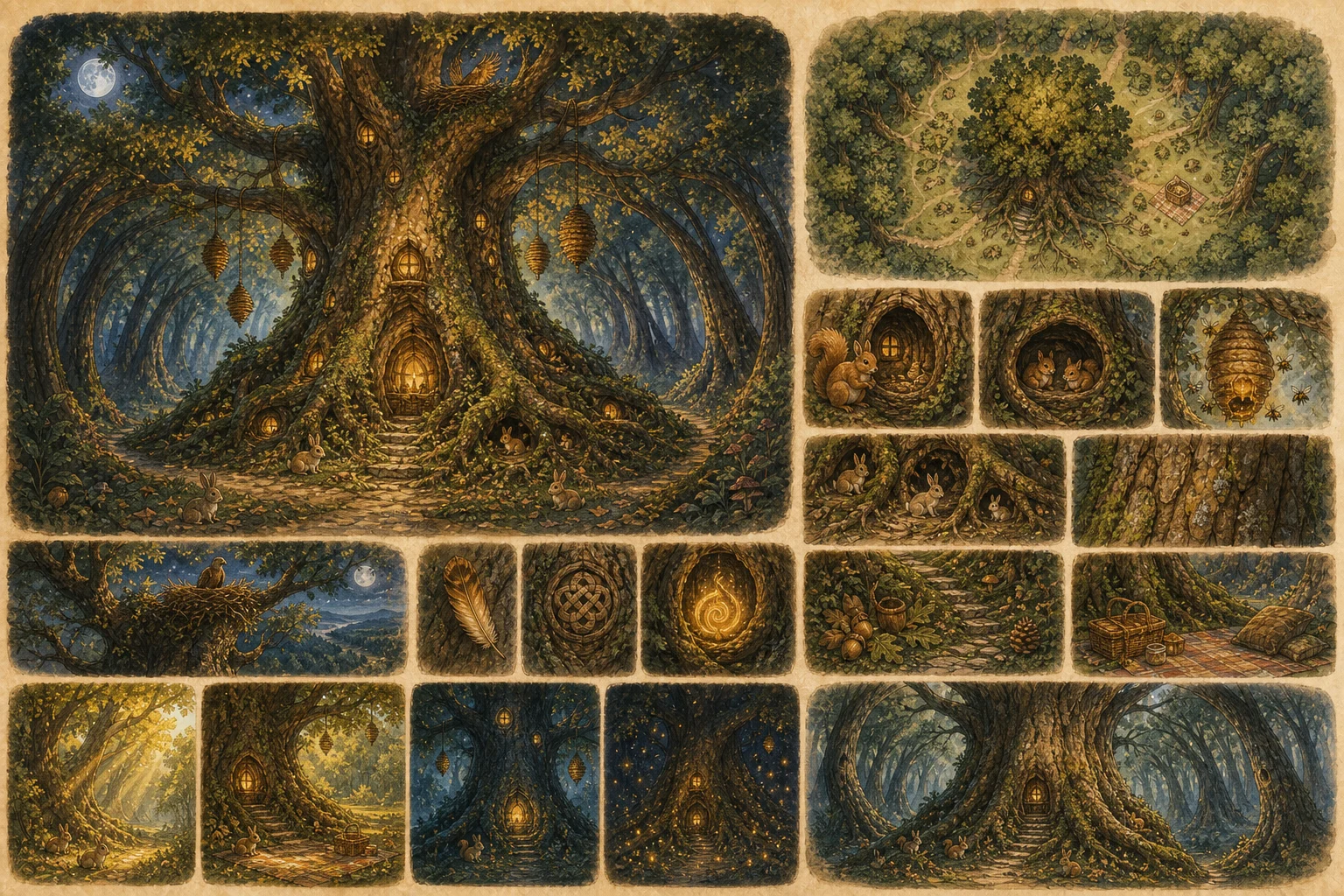 Accepted Royal Tree location study showing an immense golden-leaved tree with homes among its roots and trunk, hanging beehives, forest paths, and detail panels.