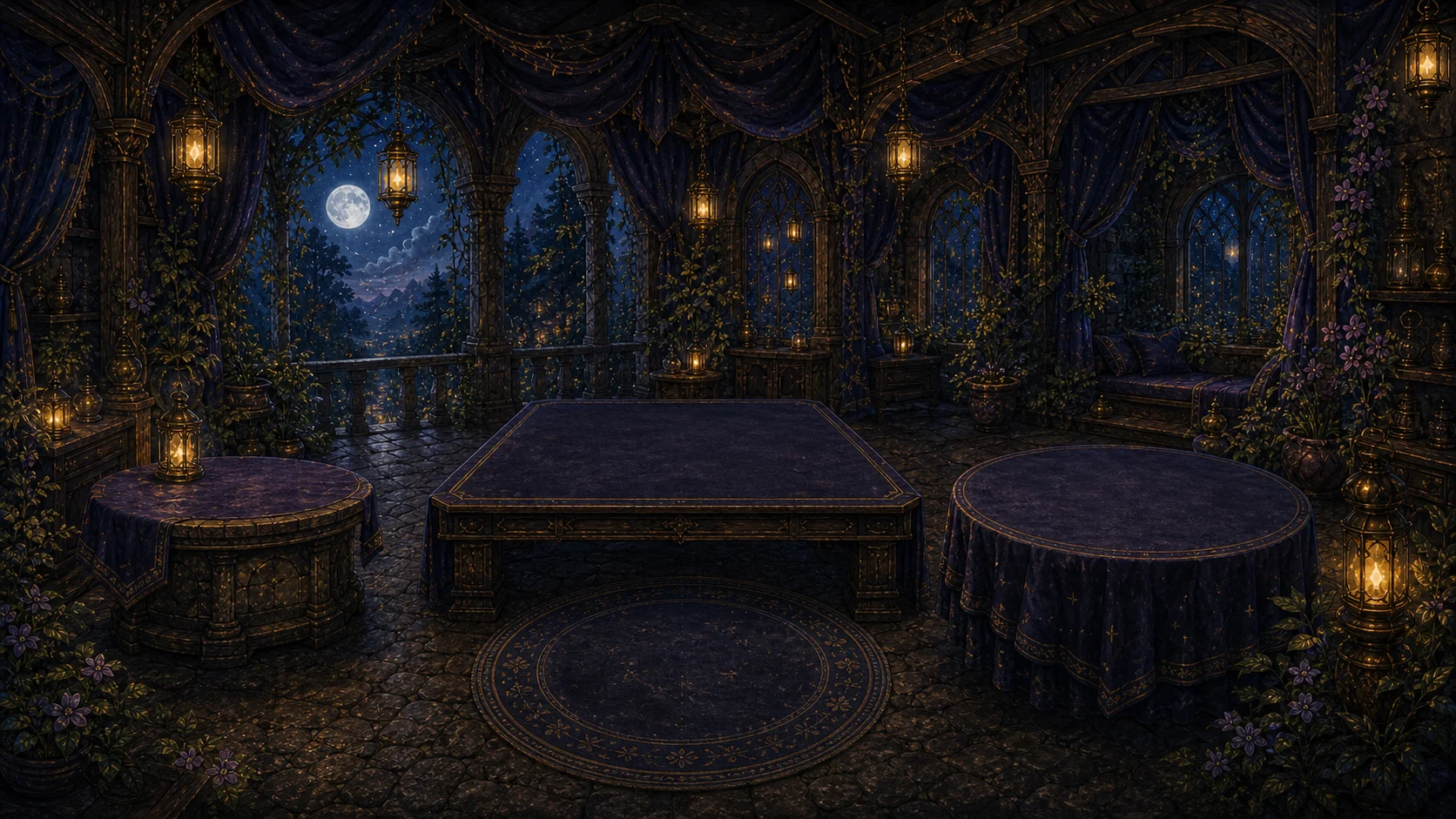 A warm, moonlit game room with carved tables, lanterns, arched windows, and indigo drapery.