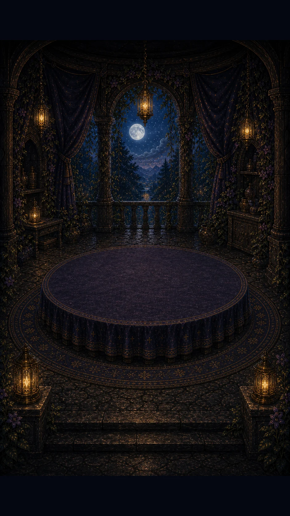 A lantern-lit bay in the Game Room with carved stone, indigo curtains, and a moonlit window.