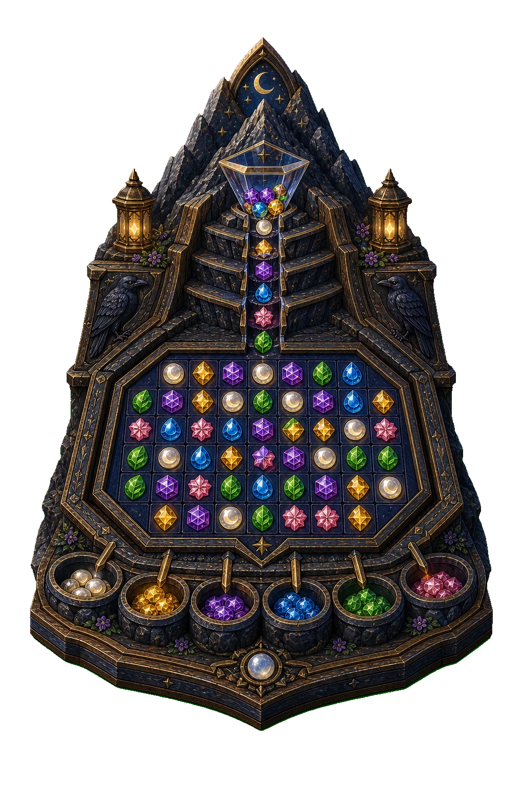 An ornate Gemfall station with a bright gem board and six collection bowls.