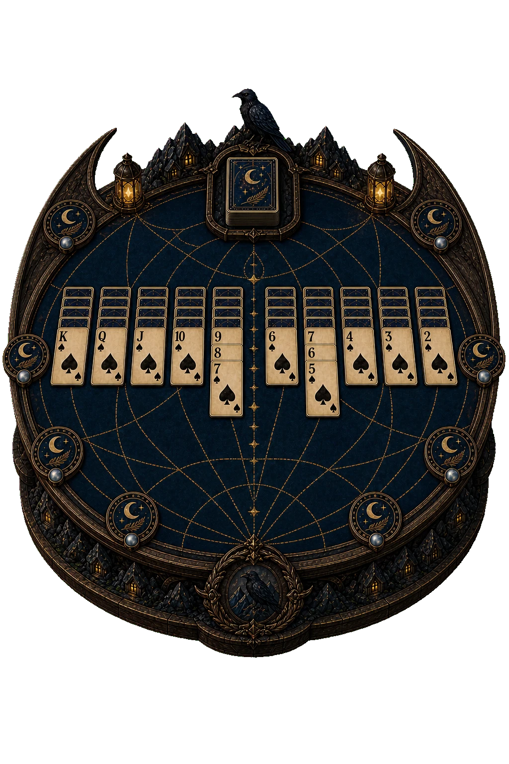 An ornate round Moonweb card table laid out with ten columns and moon-thread markers.