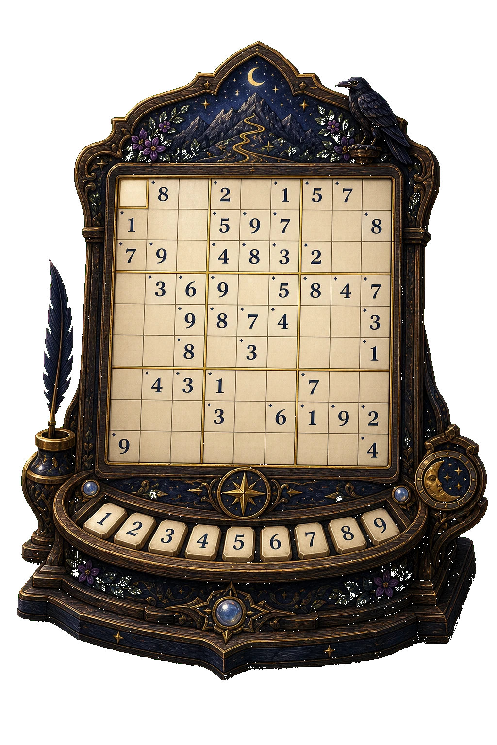 An ornate standing Sudoku board with a parchment grid and carved number keys.