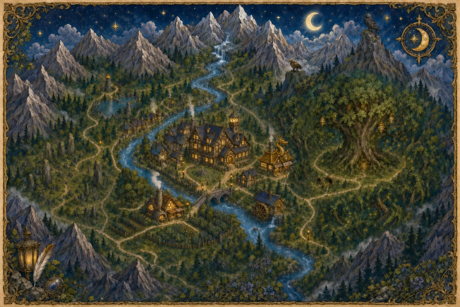 Illustrated map of Moonlit Vale, showing forests, mountains, a river, village paths, and warm landmarks