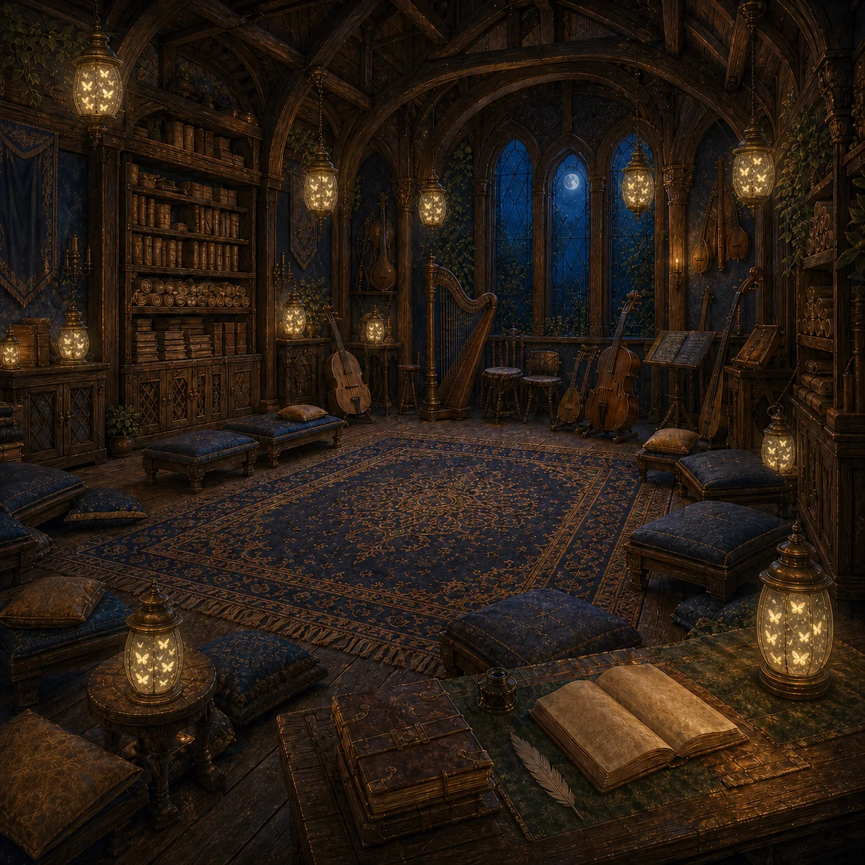 The Listening Parlor inside the Great Story House, filled with acoustic instruments, music parchments, blue rugs, movable seating, and brass-and-glass lanterns glowing with living Moonflies.