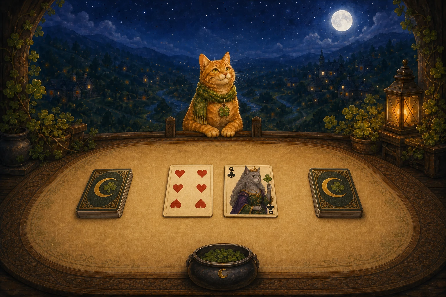 Lucky, an orange tabby in a green clover scarf, sits behind a moonlit table laid with two decks, a Six of Hearts, and a silver-gray cat Queen of Clubs.