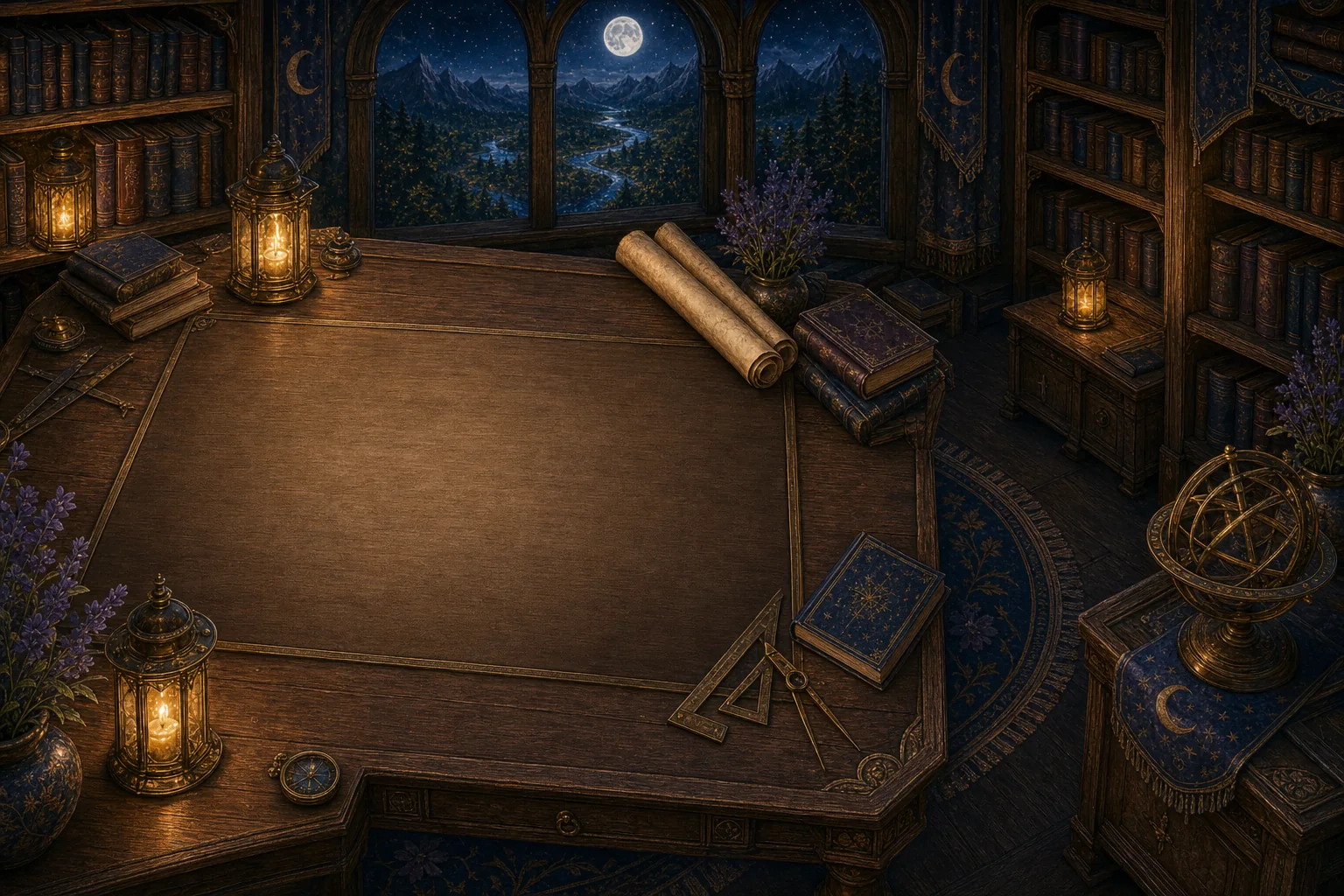 Moonlit Vale map room with old maps, books, and lantern light