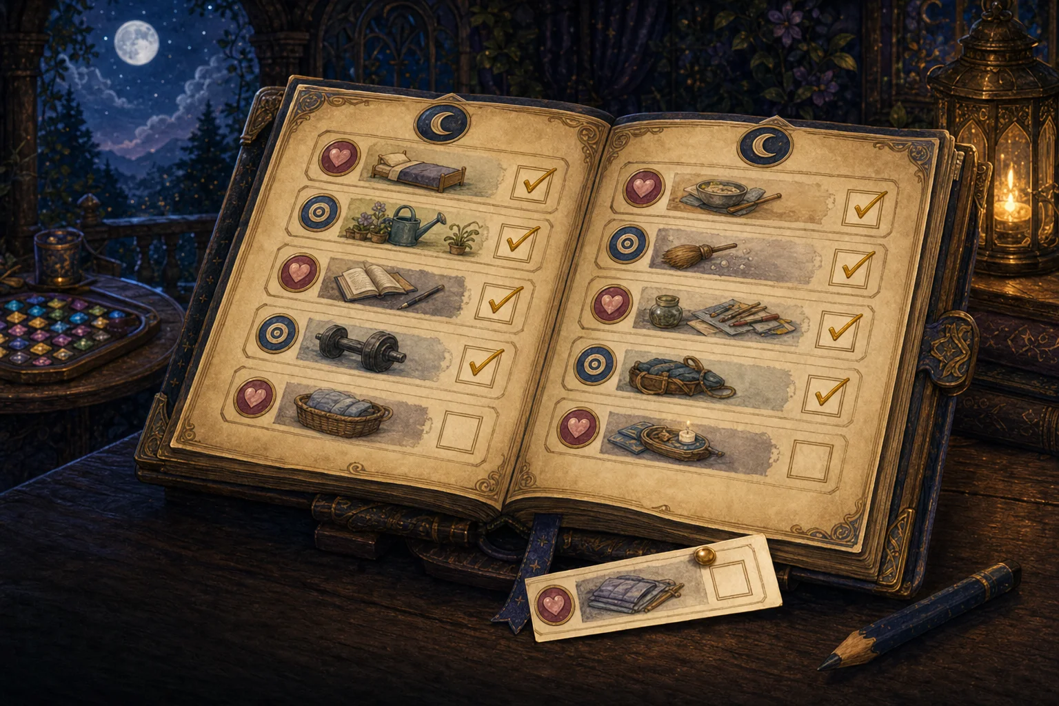 An illustrated quest chart with everyday task pictures, Heart and Focus markers, and completed checkmarks.