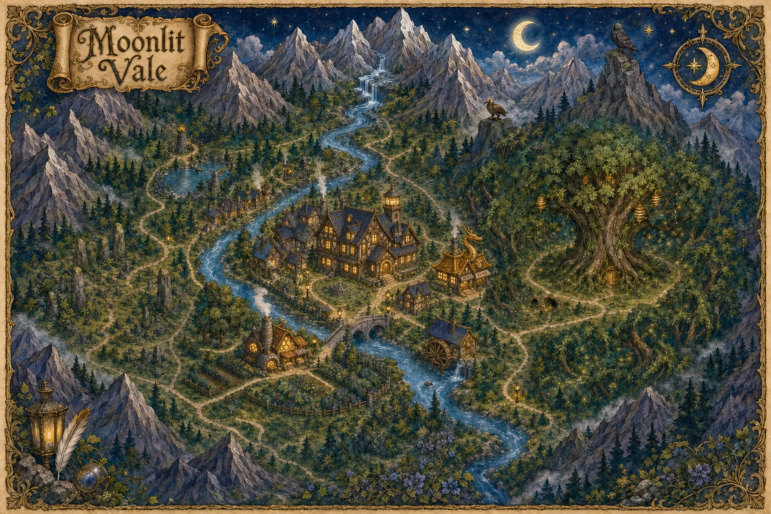 Illustrated map of Moonlit Vale with forests, mountains, river, village paths, and landmarks