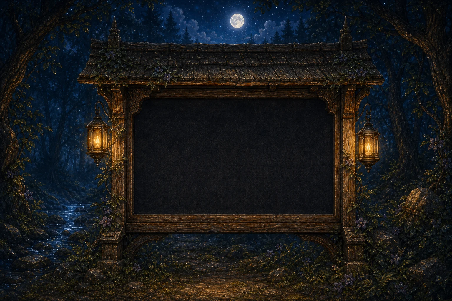 Moonlit woodland noticeboard framed by trees and lanterns