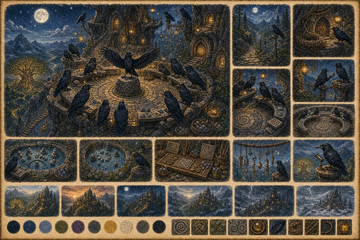 Puzzle Peak with cliffside raven homes, rope bridges, warm windows, and a circular meeting roost