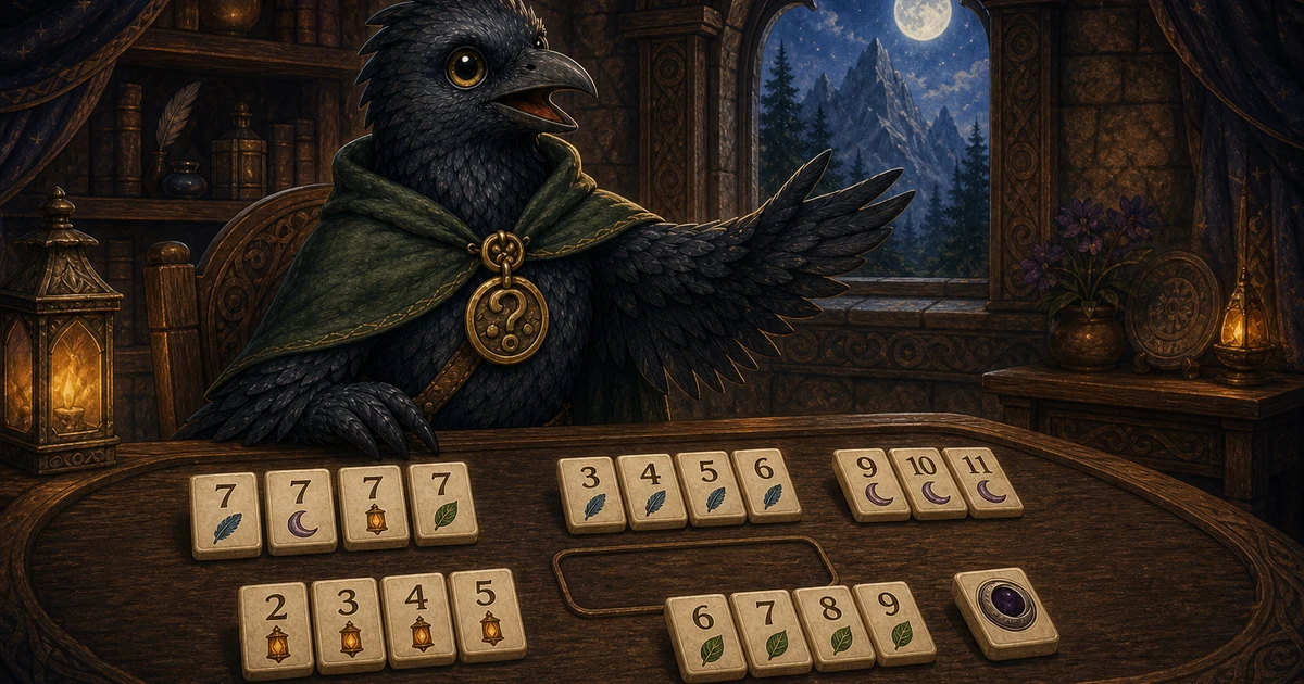 Romeo Raven gestures across a carved Raven Rummy table beneath a moonlit Puzzle Peak window.