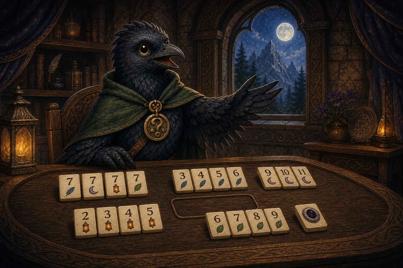 Romeo Raven welcomes the player to a carved table arranged with Feather, Moon, Lantern, Leaf, and eclipse Wild tiles in the lantern-lit Game Room.