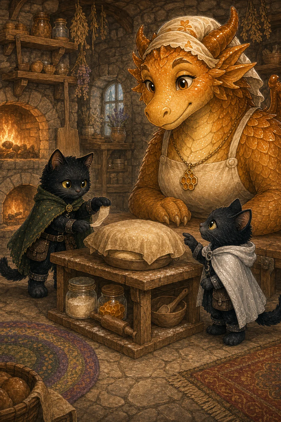Honey the amber dragon with Shadow and Luna beside a bowl of dough in her warm bakery