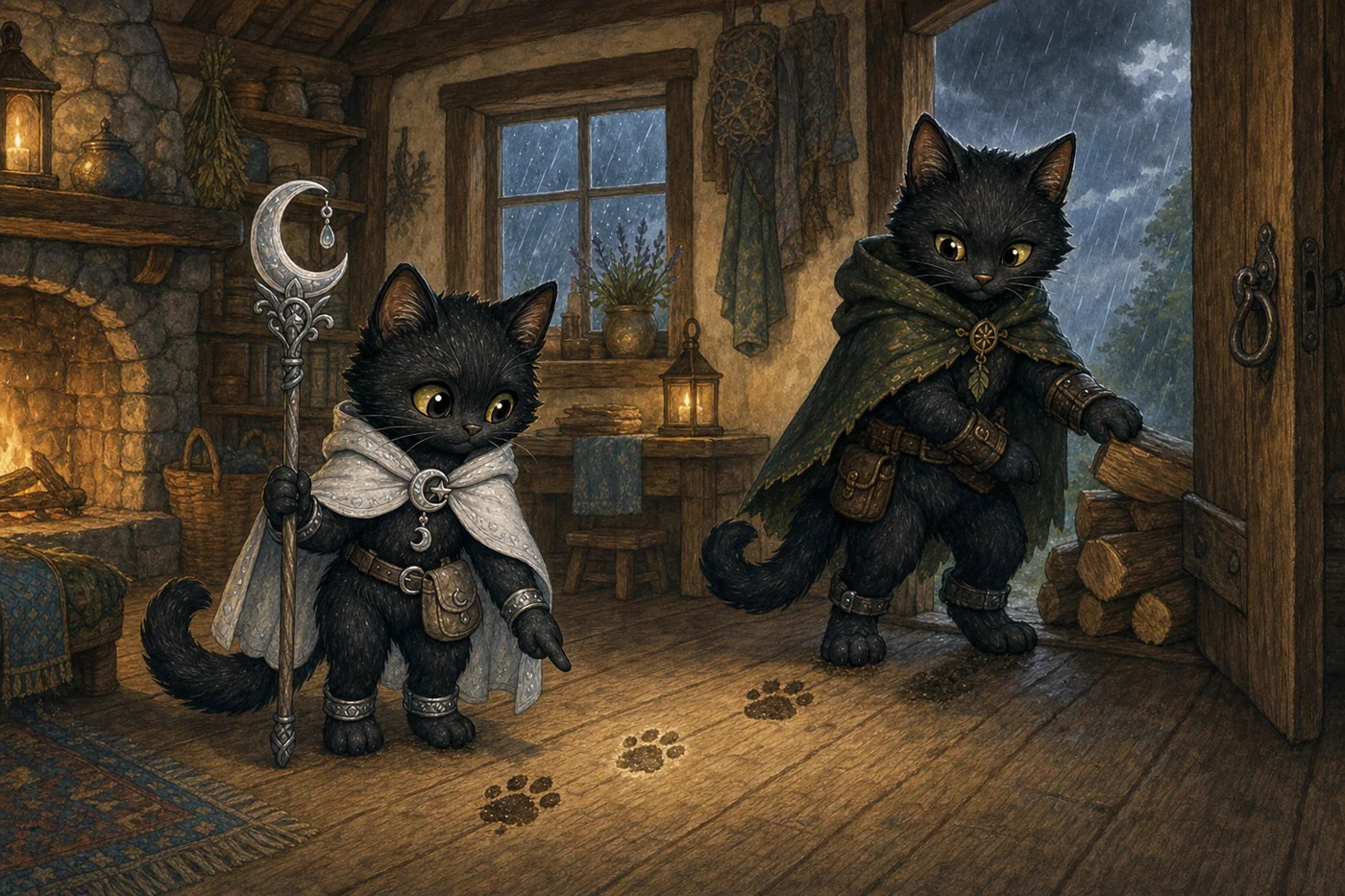 Luna notices Shadow's uneven pawprints inside Cozy Cottage as rain falls outside