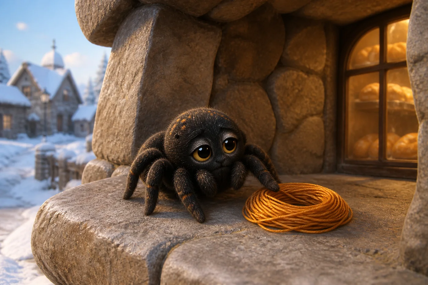 MaKayla, a small black Fire Spider with golden eyes, rests on a stone ledge beside a loose coil of orange-golden thread as Honey's bread glows through a nearby window