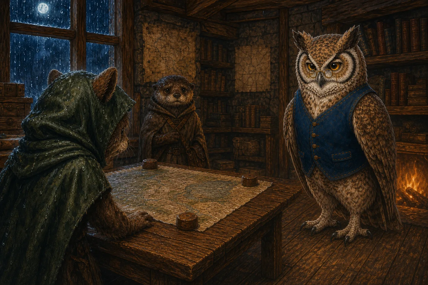 Otis stands beside a weighted map as a rain-soaked traveler and a courier wait in the Great Story House