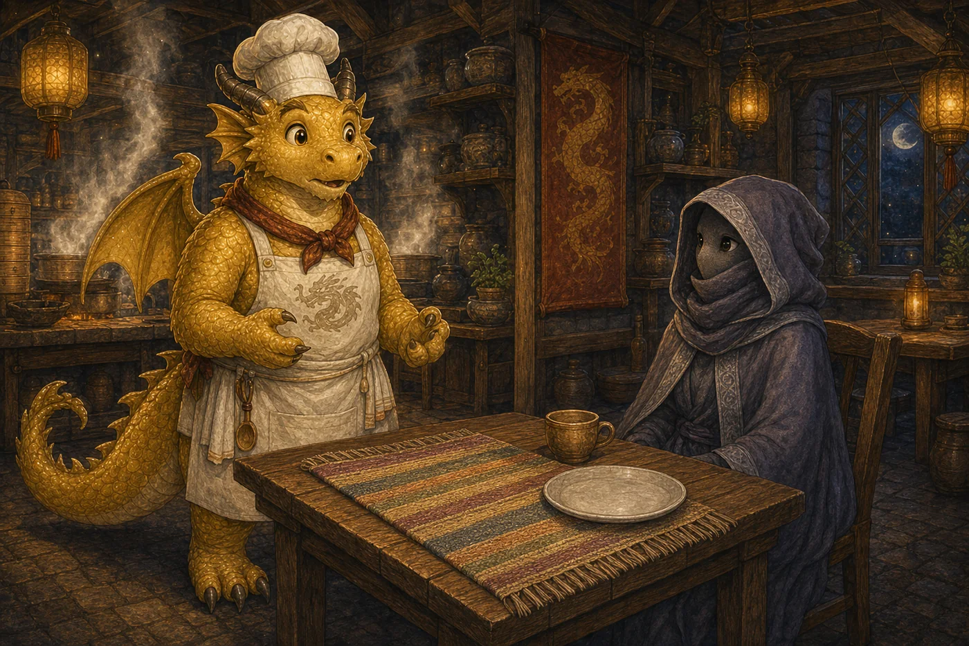 Sunny greets a gray-violet-cloaked traveler at an empty table in The Golden Dragon