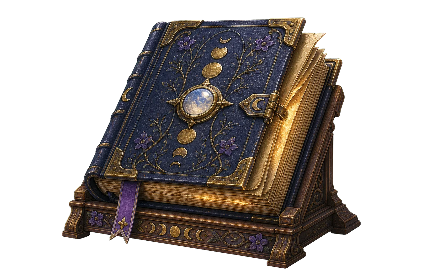 The Tome, a massive indigo leather book with gold moon phases, violet flowers, glowing page edges, and a moonstone clasp, resting on a carved lectern.