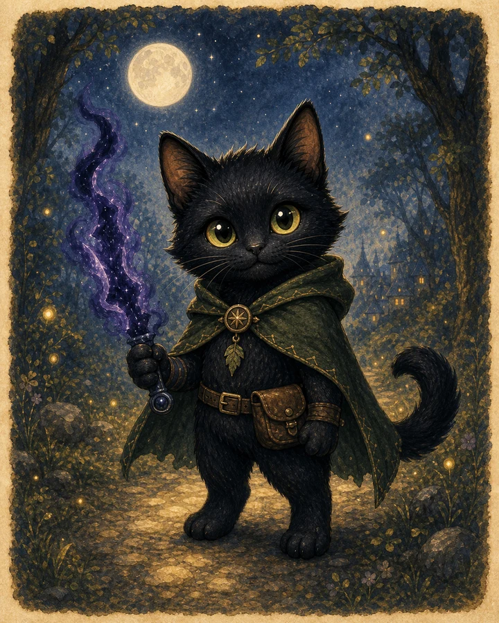 Shadow, an alert black cat with bright eyes